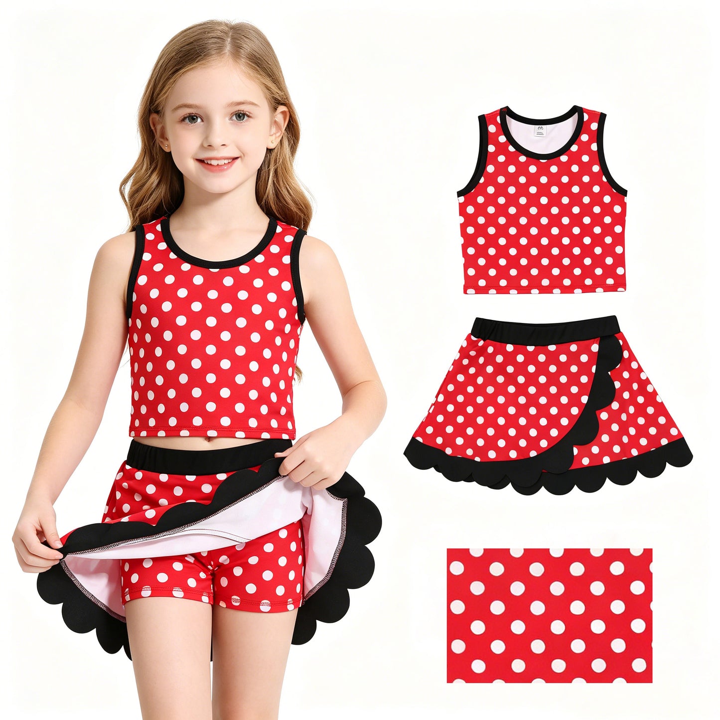 Red polka dots girls summer yoga tank top matching skorts outfit