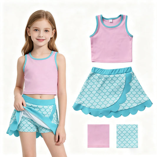 Girls summer mermaid design yoga tank top matching skorts outfit