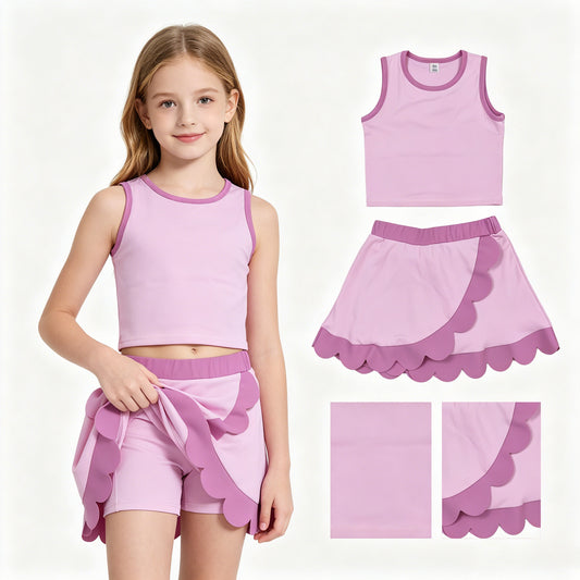 Girls summer pink color yoga tank top matching skorts outfit