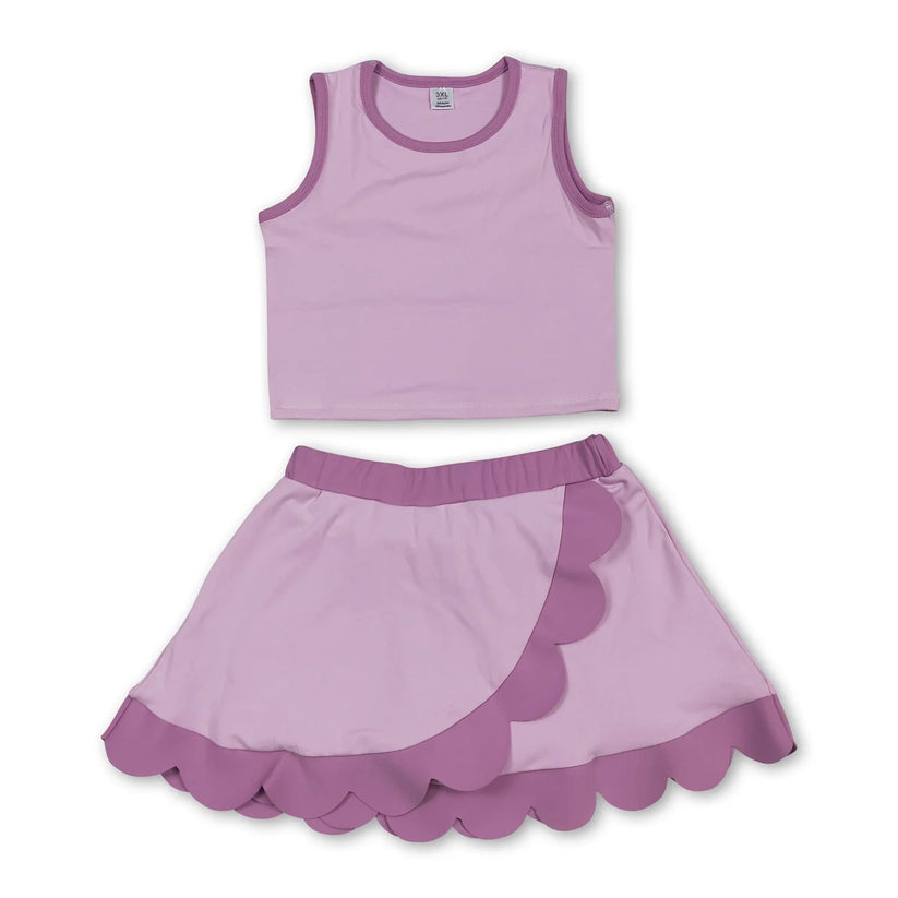 Dark Blue yoga top matching skorts girls summer scalloped outfit