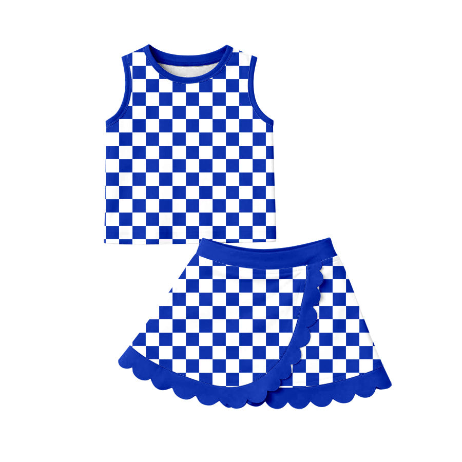 Blue plaid yoga tank top matching skorts girls summer outfit preorder