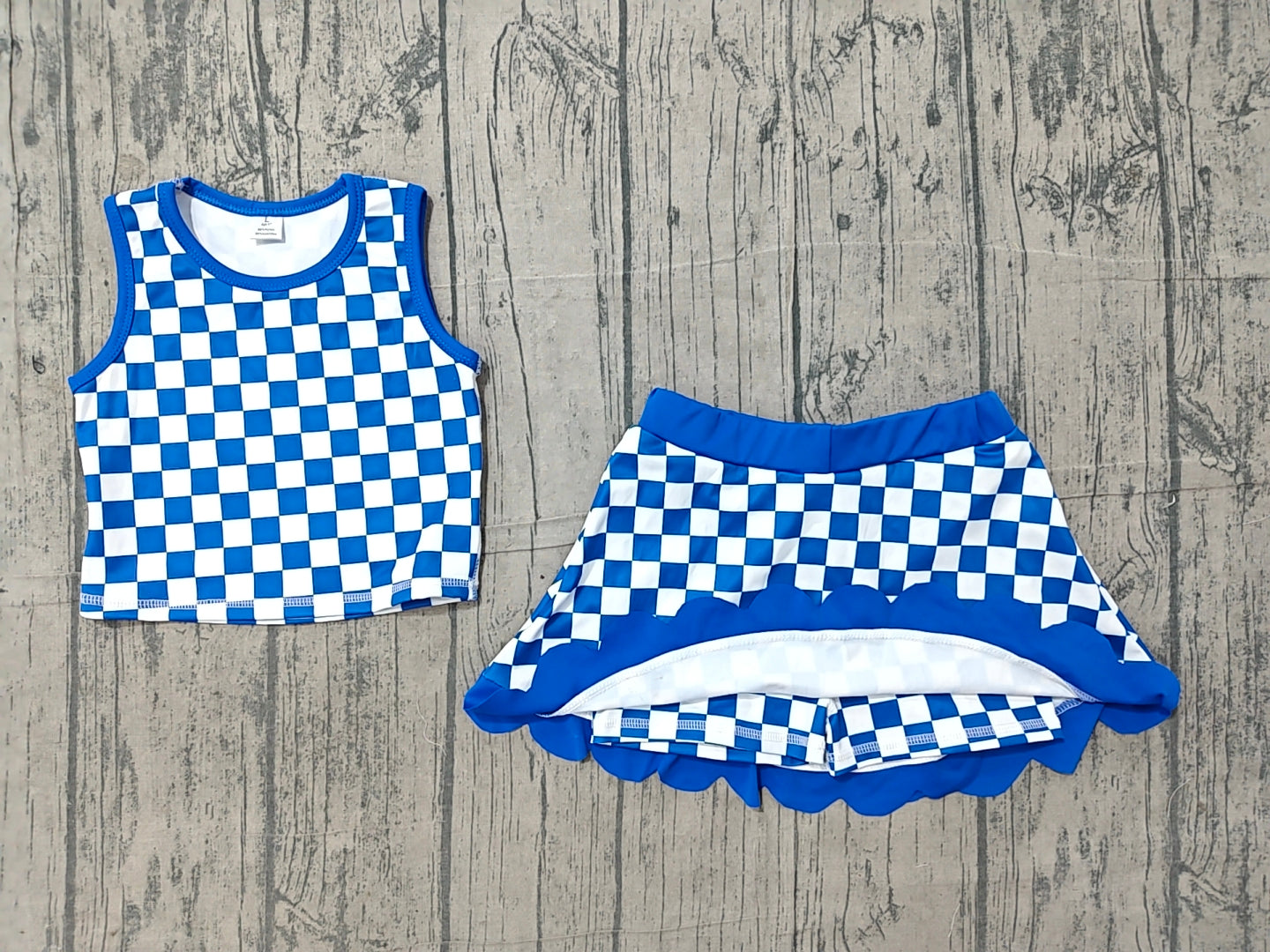 Blue plaid yoga tank top matching skorts girls summer outfit preorder