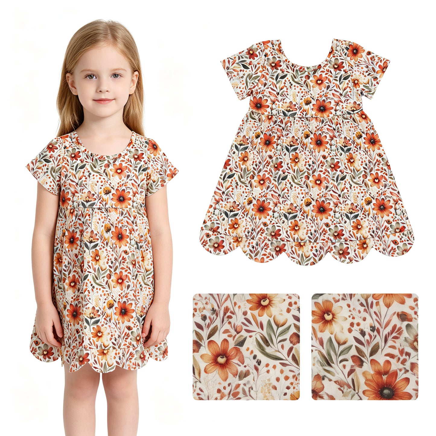 Orange flowers print girls summer dress