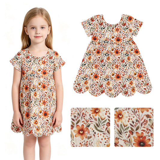 Orange flowers print girls summer dress