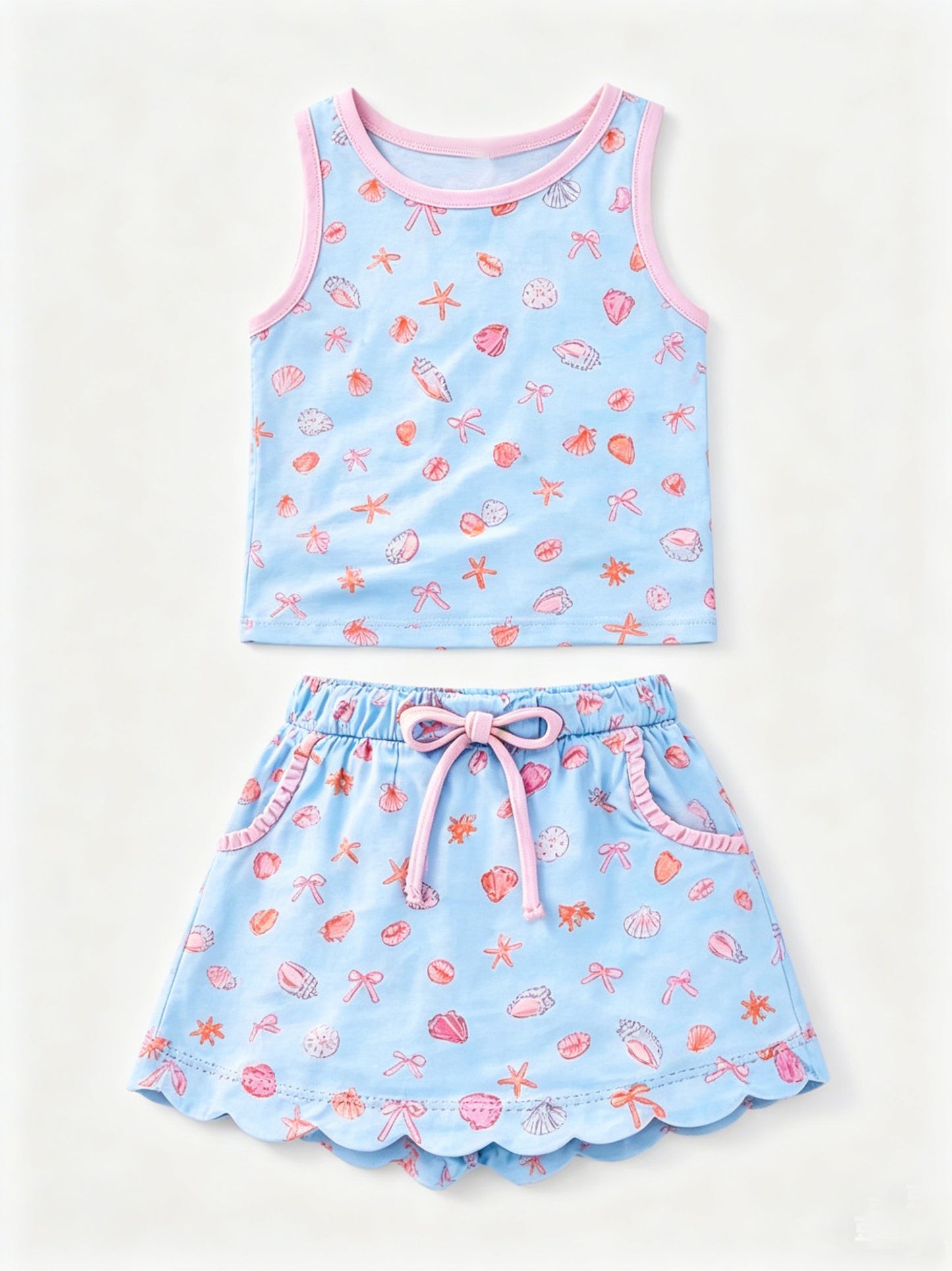 Sea shell sleeveless top matching skorts girls summer outfit preorder