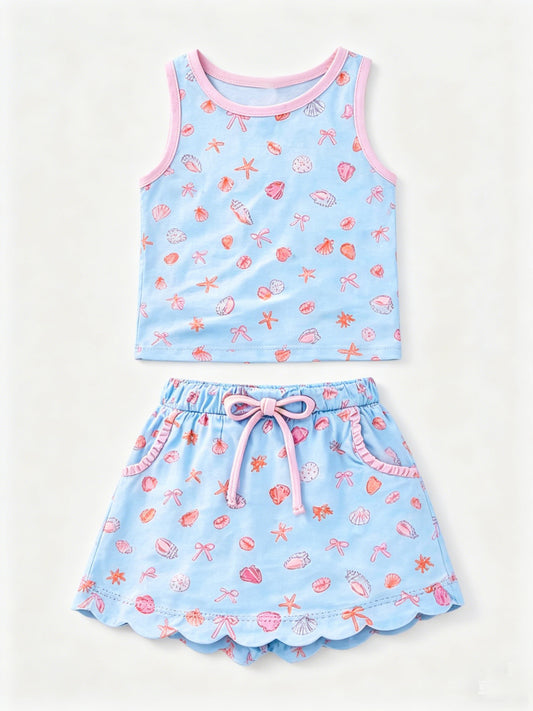 Sea shell sleeveless top matching skorts girls summer outfit preorder
