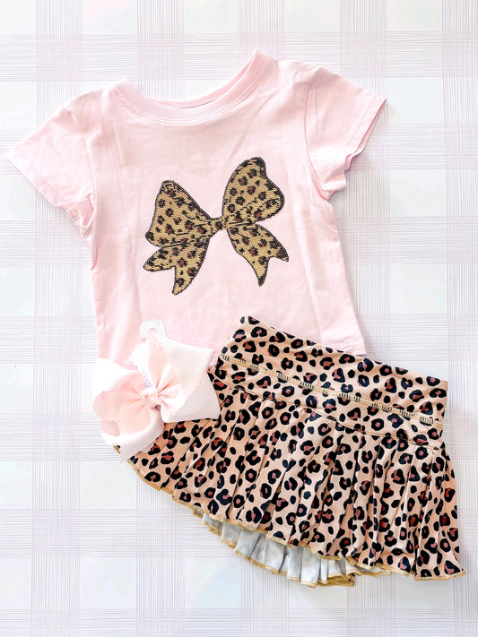 Leopard bow short sleeve top matching skorts girls summer outfit preorder