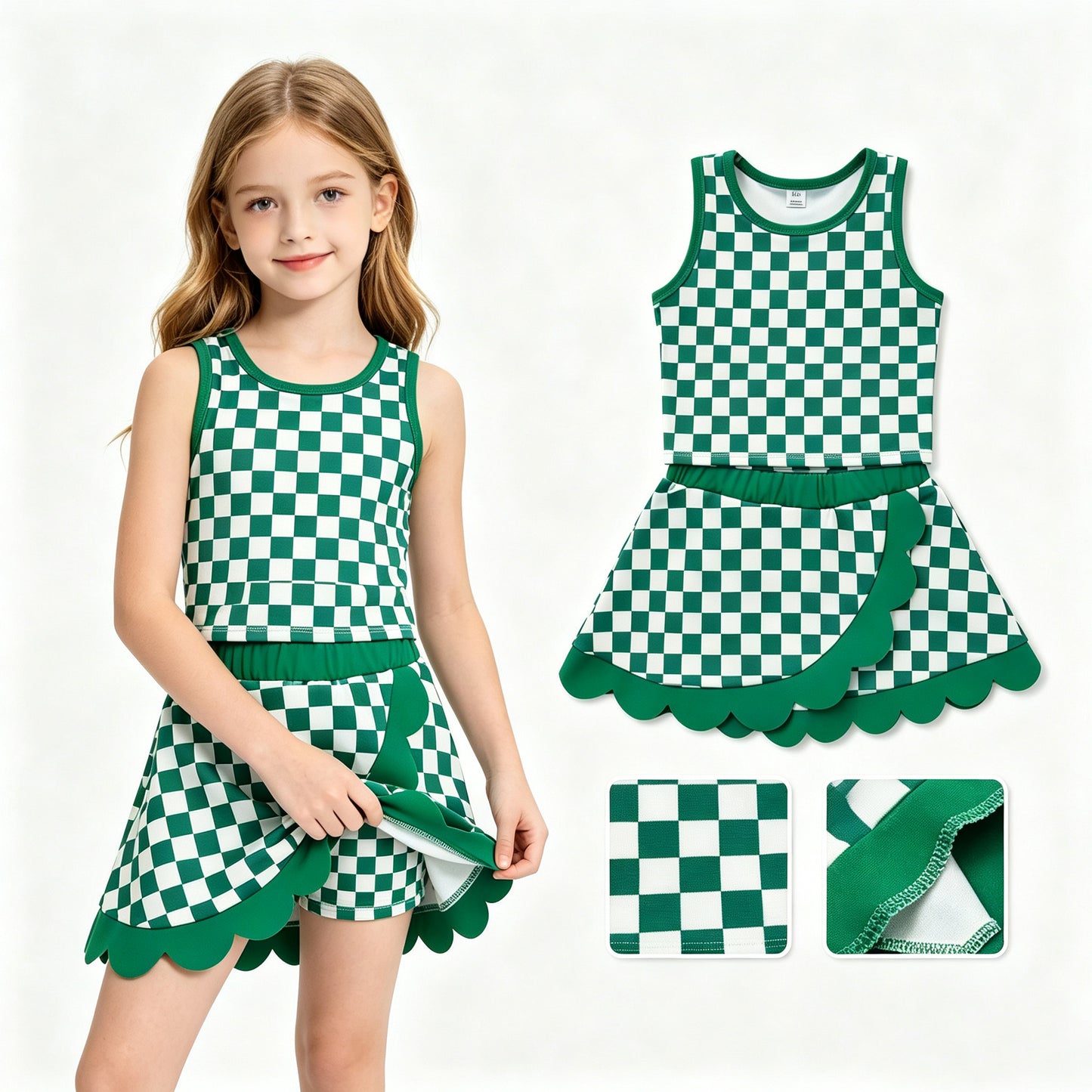 Green plaid top matching skorts girls summer yoga outfit