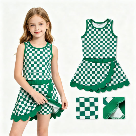 Green plaid top matching skorts girls summer yoga outfit