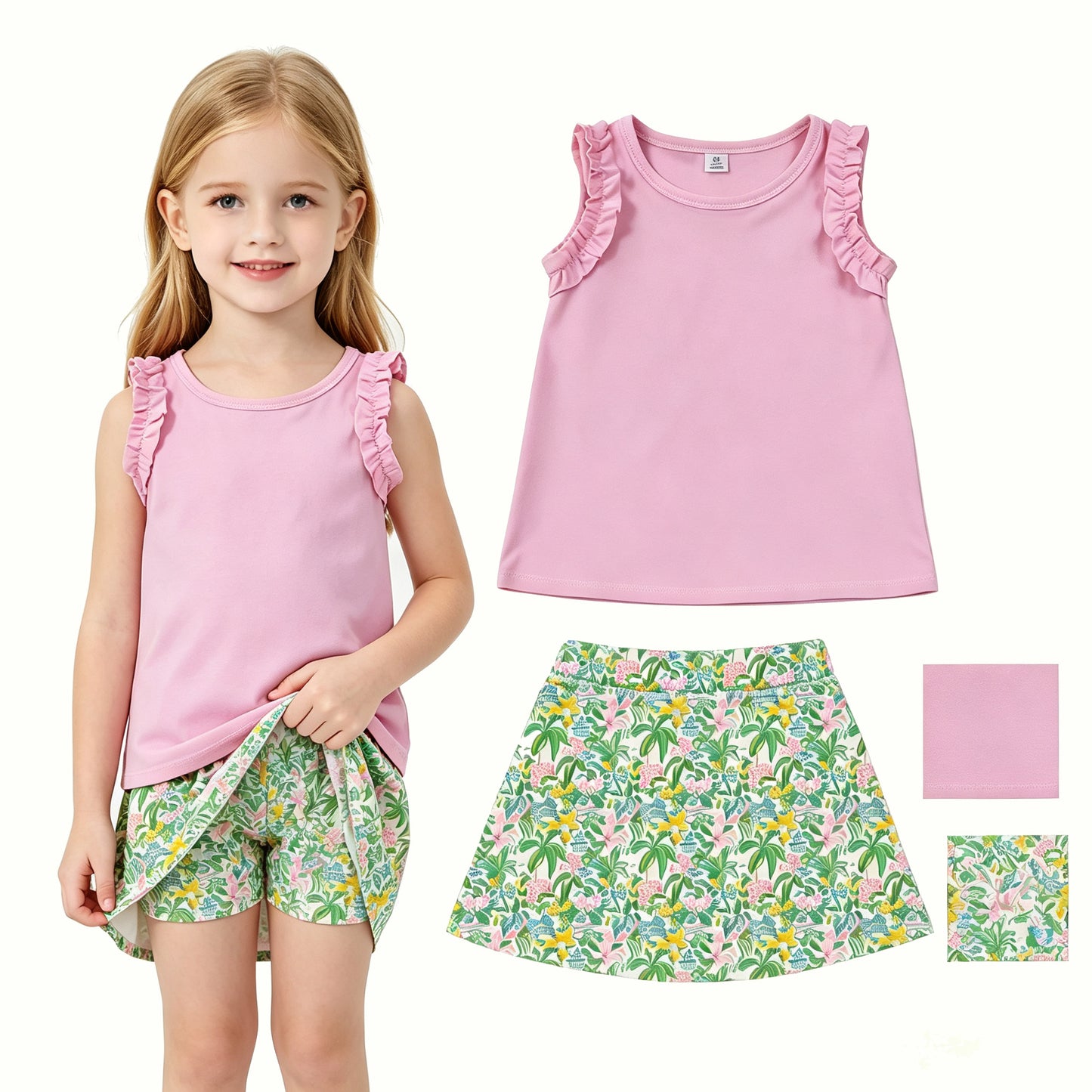 Pink tank top matching yoga skorts girls summer outfit