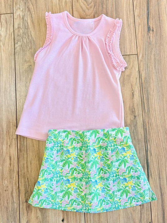 Pink tank top matching yoga skorts girls summer outfit preorder