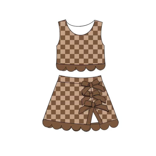 Brown checkered yoga tank top matching skorts girls summer outfit preorder