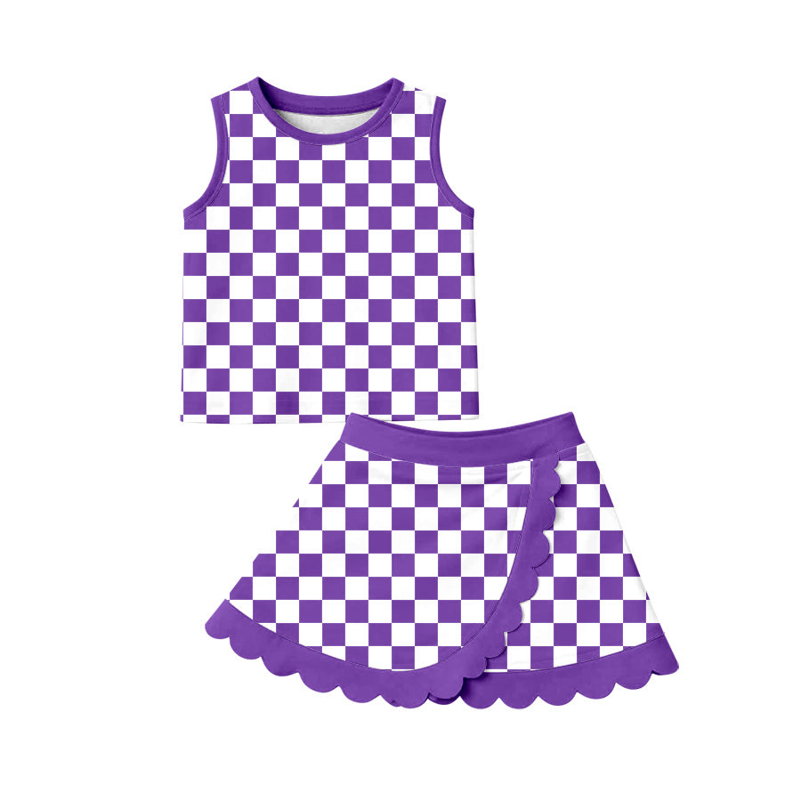 Purple plaid sleeveless yoga top matching skorts girls outfit preorder