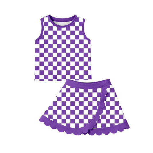 Purple plaid sleeveless yoga top matching skorts girls outfit preorder