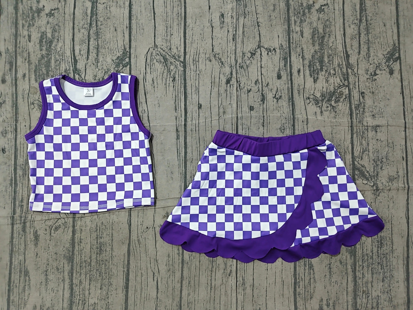Purple plaid sleeveless yoga top matching skorts girls outfit preorder