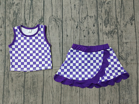 Purple plaid sleeveless yoga top matching skorts girls outfit preorder
