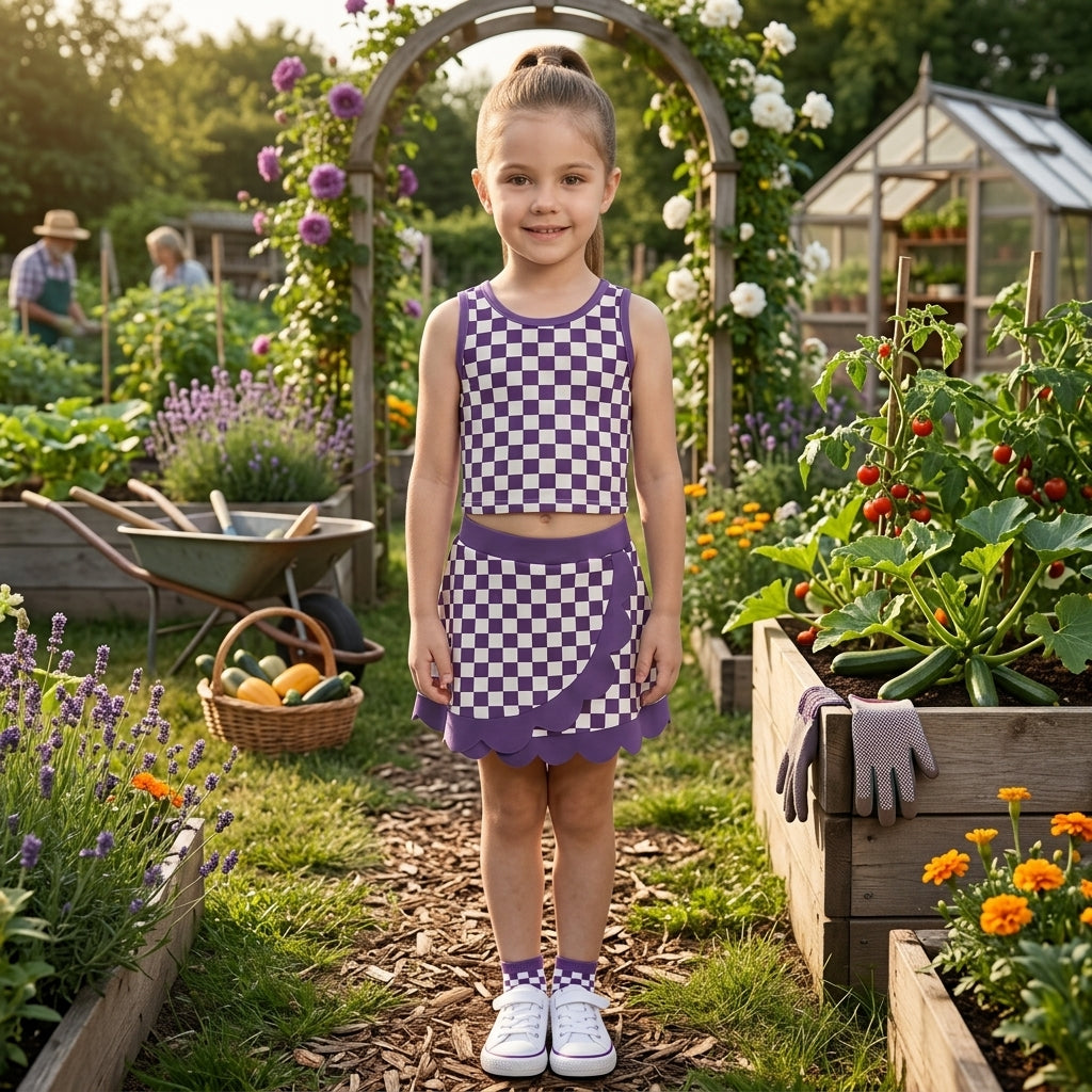 Purple plaid sleeveless yoga top matching skorts girls outfit