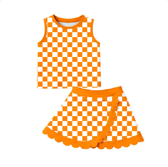 Orange plaid sleeveless yoga top matching skorts girls outfit preorder