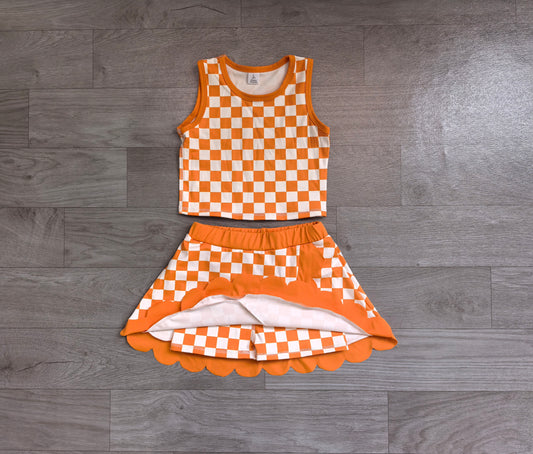 Orange plaid sleeveless yoga top matching skorts girls outfit preorder