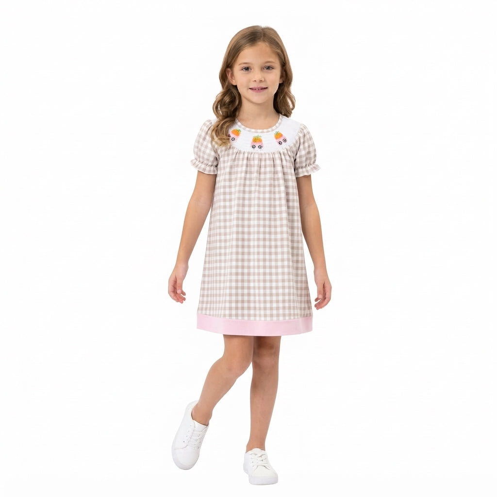 Fall pumpkin print girls short sleeve  smocked dress