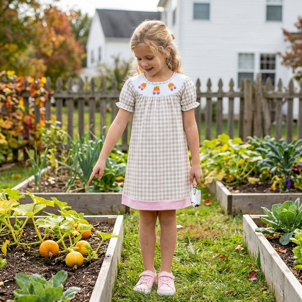 Fall pumpkin print girls short sleeve  smocked dress
