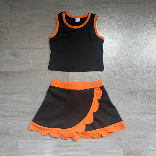 Black orange sleeveless yoga top matching skorts girls outfit preorder