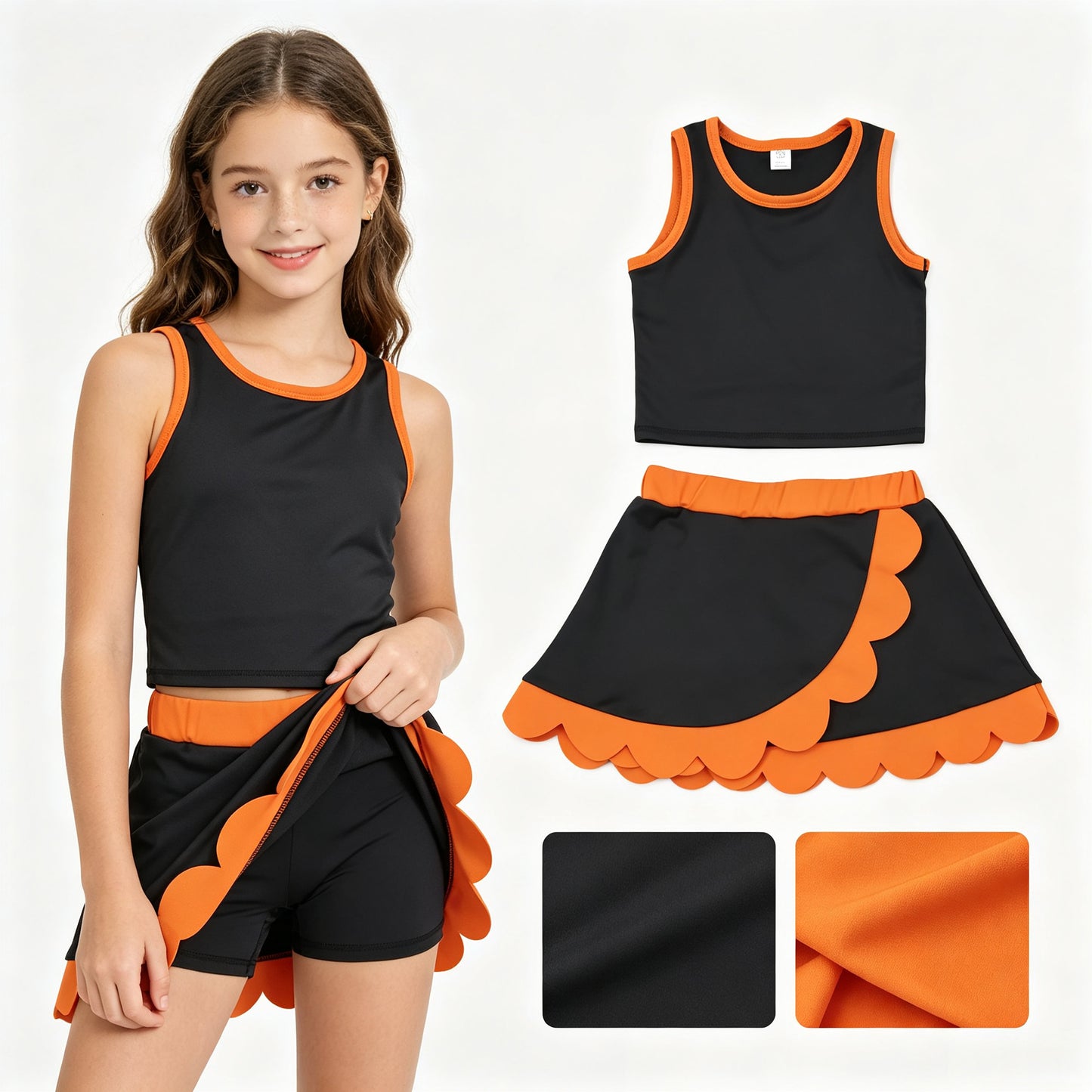 Black orange sleeveless yoga top matching skorts girls outfit