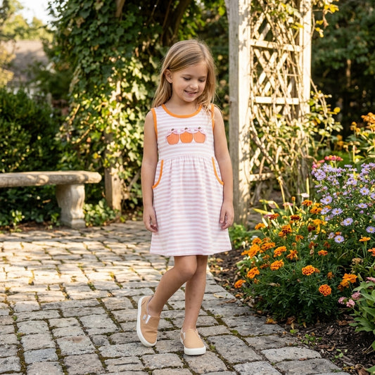 Fall pumpkins embroidery print girls sleeveless dress