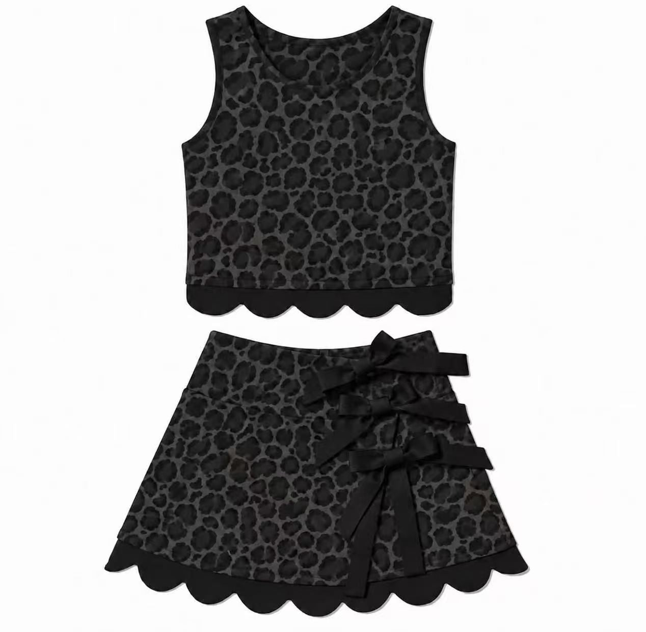 Black leopard sleeveless yoga pullover top matching skorts girls outfit preorder