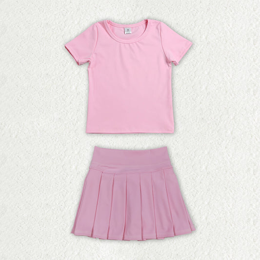 Pink color short sleeve yoga top matching skorts girls summer athletic outfit