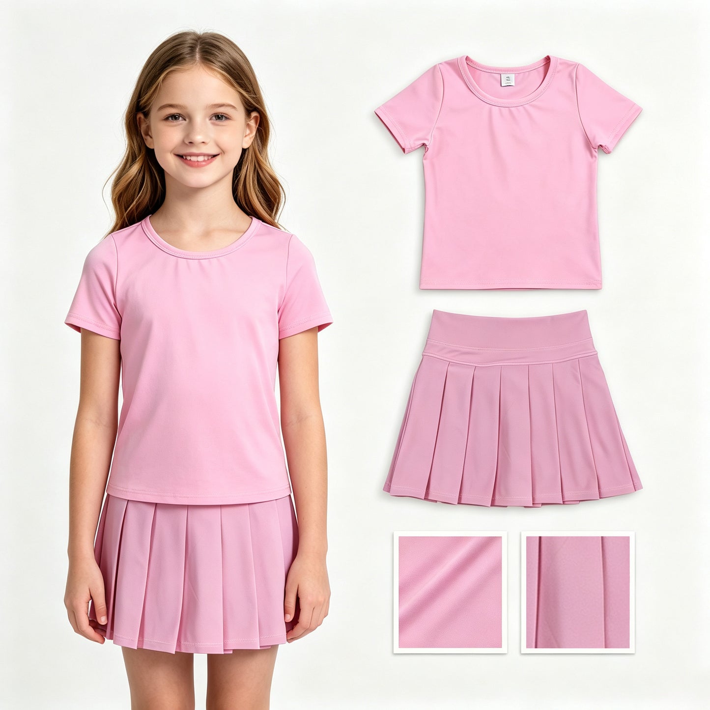 Pink color short sleeve yoga top matching skorts girls summer athletic outfit