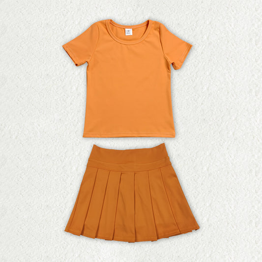 Orange color short sleeve yoga top matching skorts girls summer athletic outfit