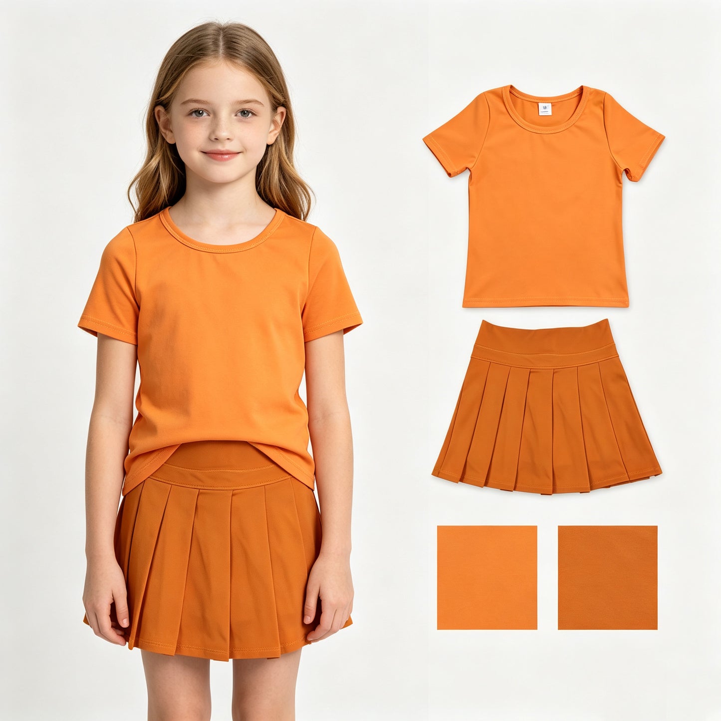Orange color short sleeve yoga top matching skorts girls summer athletic outfit