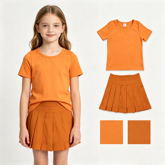 Orange color short sleeve yoga top matching skorts girls summer athletic outfit