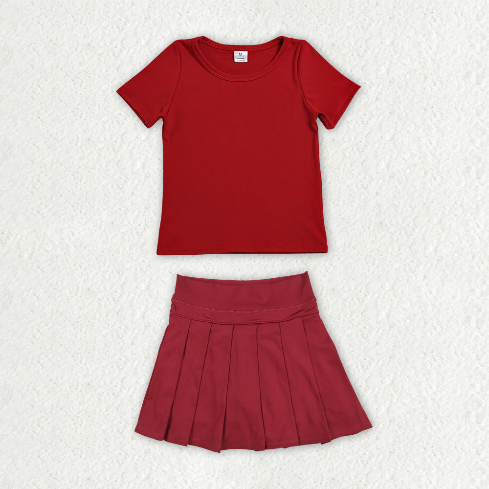 Red color short sleeve yoga top matching skorts girls summer athletic outfit