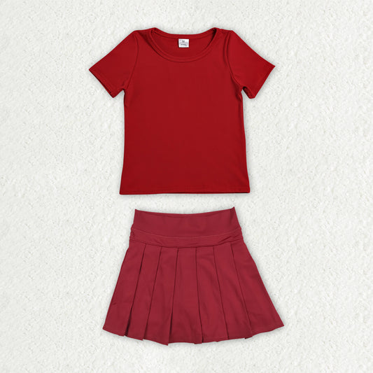 Red color short sleeve yoga top matching skorts girls summer athletic outfit