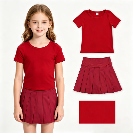 Red color short sleeve yoga top matching skorts girls summer athletic outfit