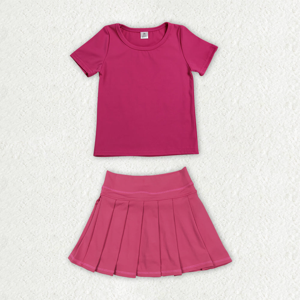 Hot pink color short sleeve yoga top matching skorts girls summer athletic outfit