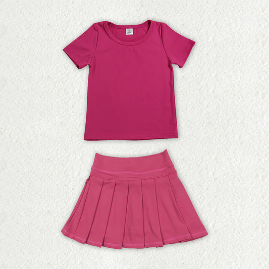 Hot pink color short sleeve yoga top matching skorts girls summer athletic outfit