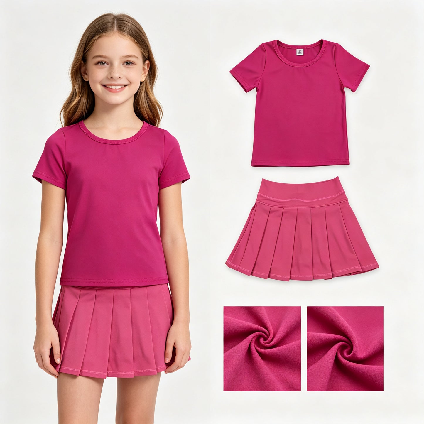 Hot pink color short sleeve yoga top matching skorts girls summer athletic outfit
