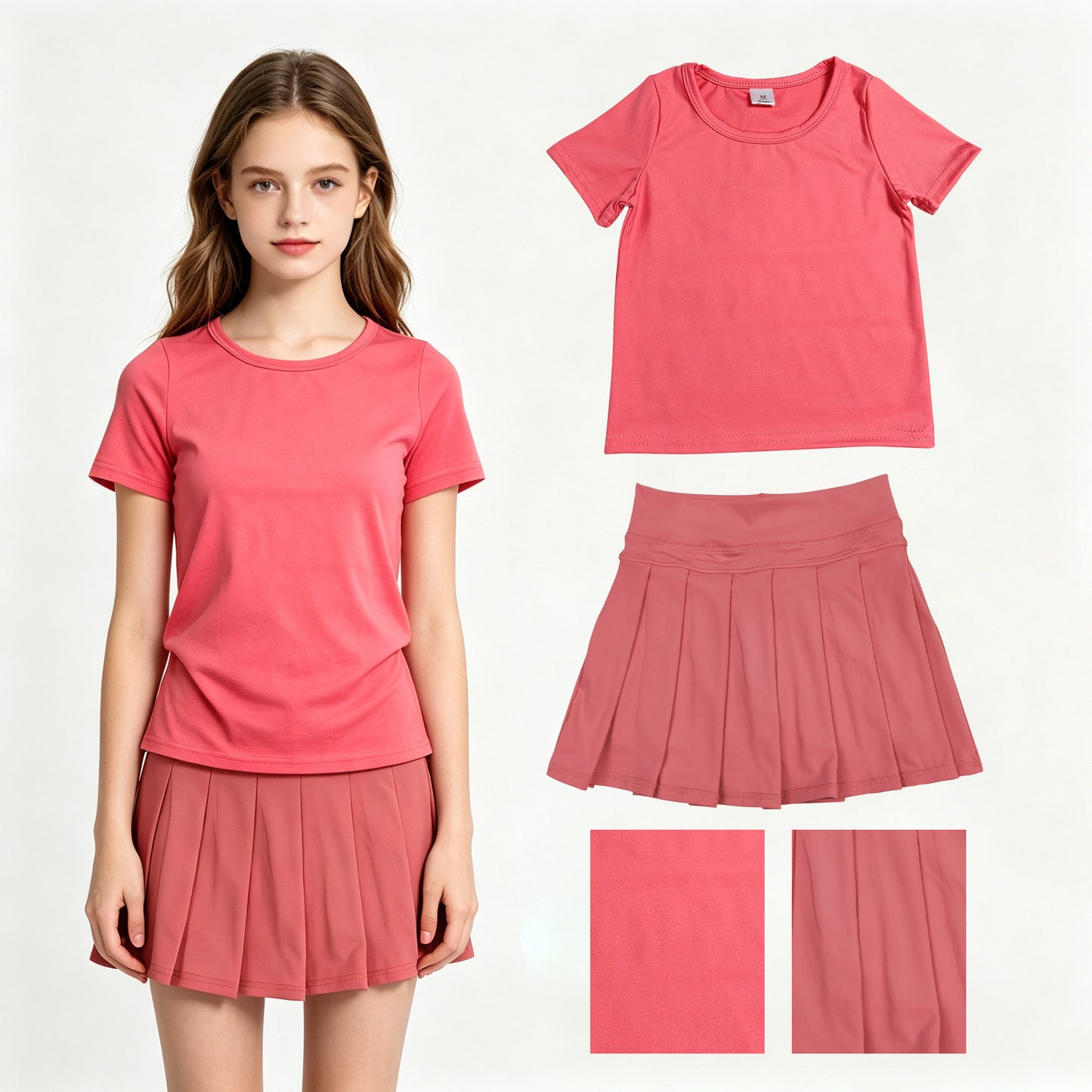 Watermelon color short sleeve yoga top matching skorts girls summer athletic outfit