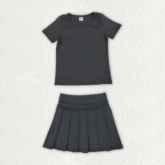 Black color short sleeve yoga top matching skorts girls summer athletic outfit