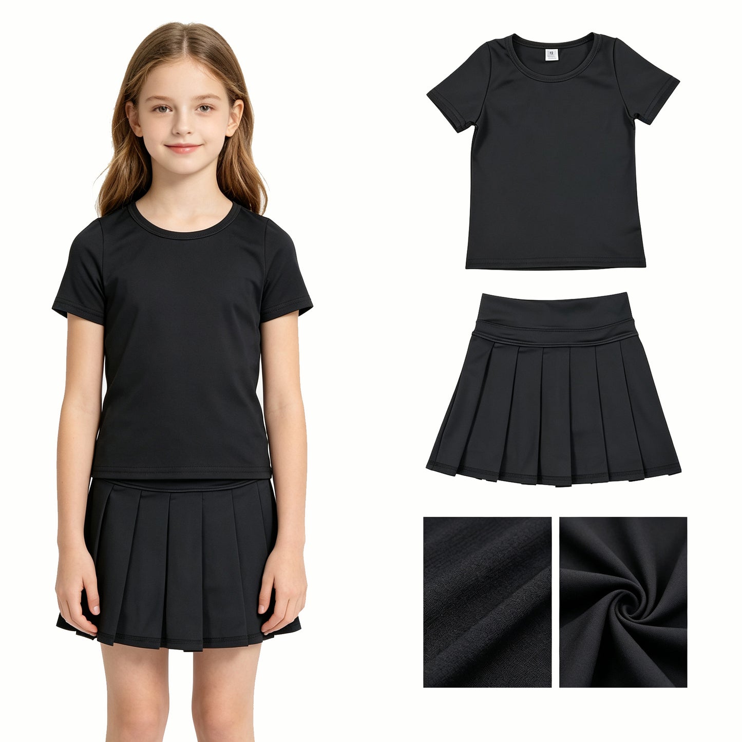 Black color short sleeve yoga top matching skorts girls summer athletic outfit