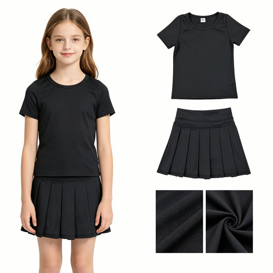 Black color short sleeve yoga top matching skorts girls summer athletic outfit