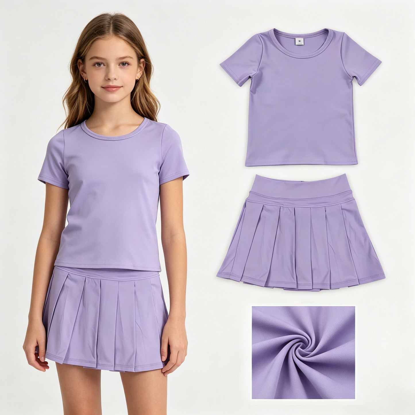 Lavender color short sleeve yoga top matching skorts girls summer athletic outfit