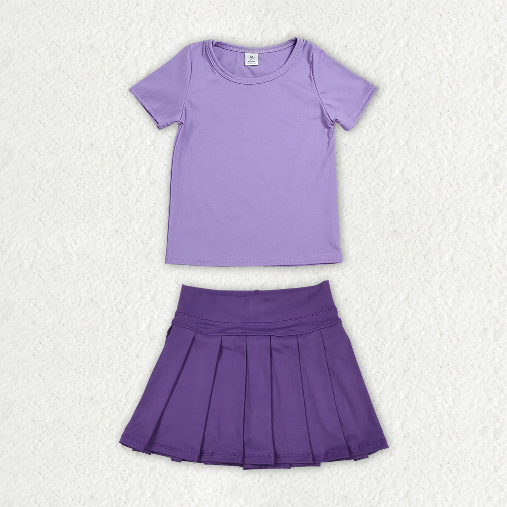 Purple color short sleeve yoga top matching skorts girls summer athletic outfit