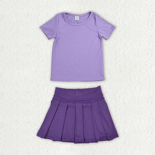 Purple color short sleeve yoga top matching skorts girls summer athletic outfit