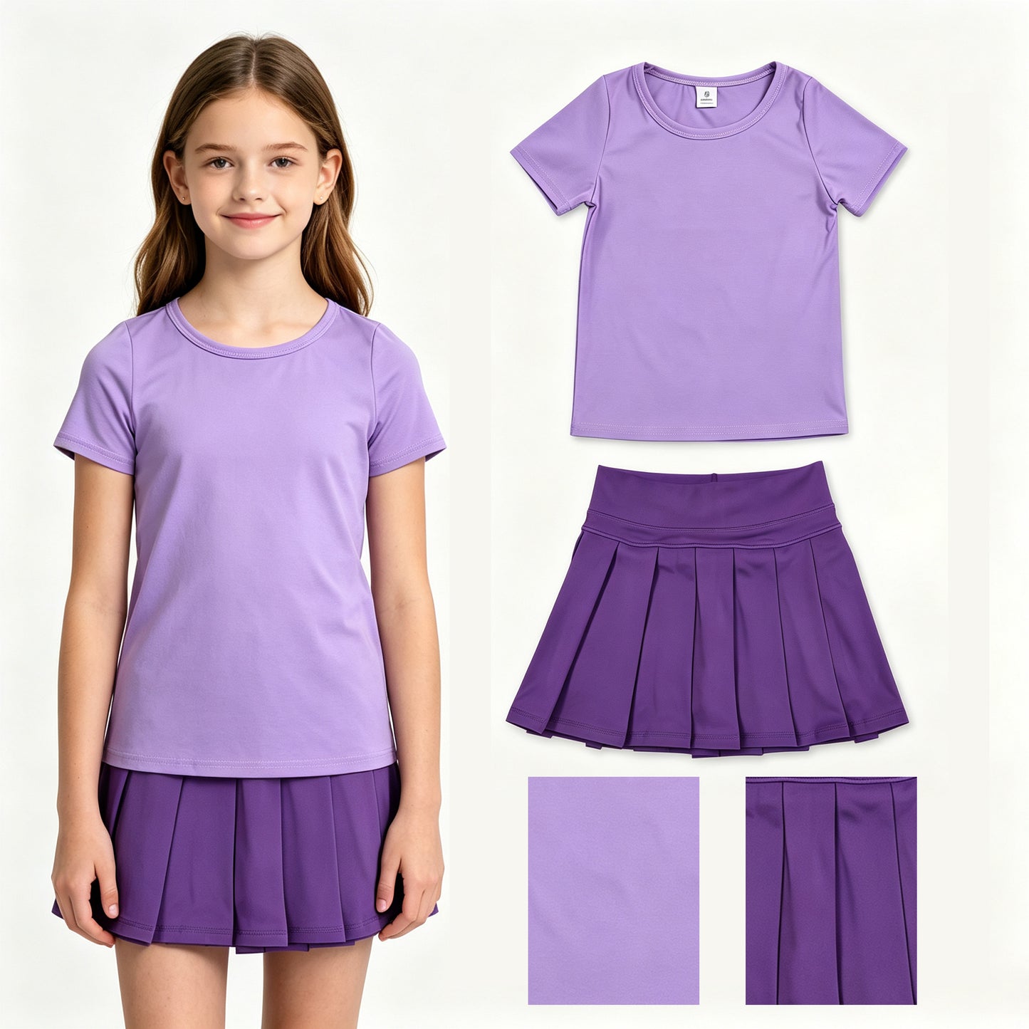 Purple color short sleeve yoga top matching skorts girls summer athletic outfit