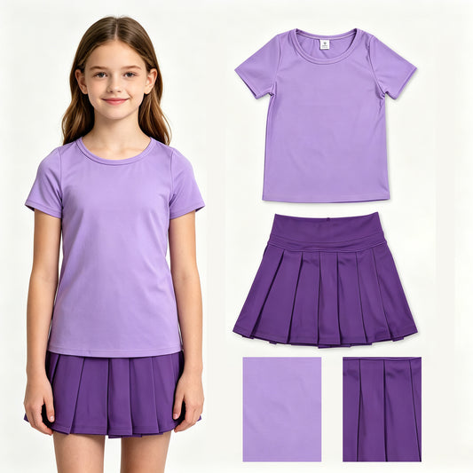 Purple color short sleeve yoga top matching skorts girls summer athletic outfit