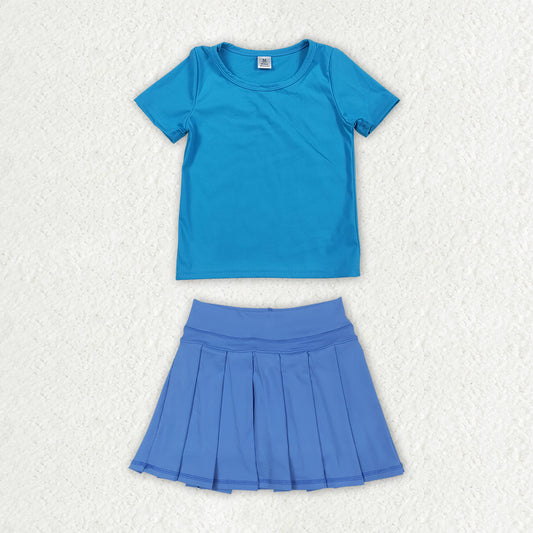 Dark blue color short sleeve yoga top matching skorts girls summer athletic outfit